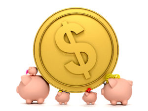 Pigs holding a golden $ coin